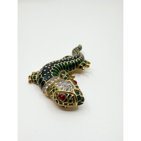 Vintage Kenneth Jay Lane KJL Gold-Plated Green Enamel & Rhinestone Lizard Brooch - Picture 2 of 7